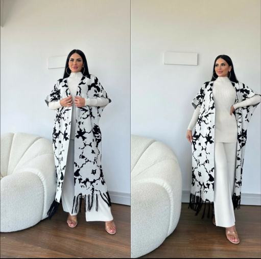 طقم 3 في 1 فاخر – كيمونو بشرابات + تورتلنيك + بنطال فلار | 8 ألوان