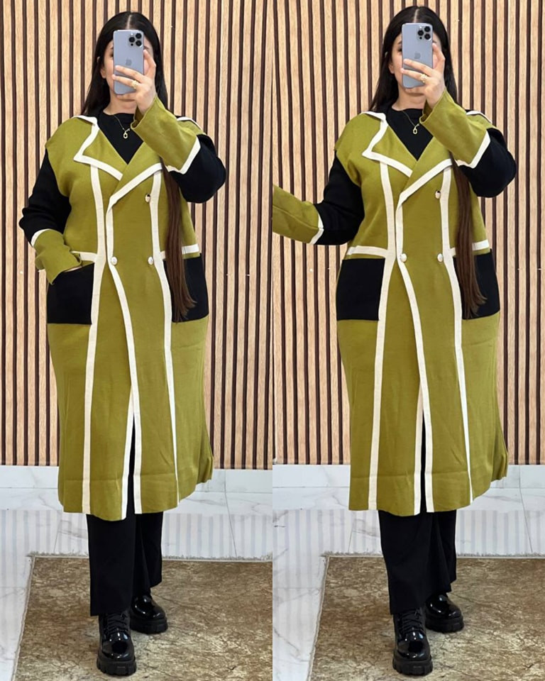 ثلاث قطع كارديغان تريكو طويل بـ Color Block – إطلالة شتوية جريئة وعصرية | 4 ألوان