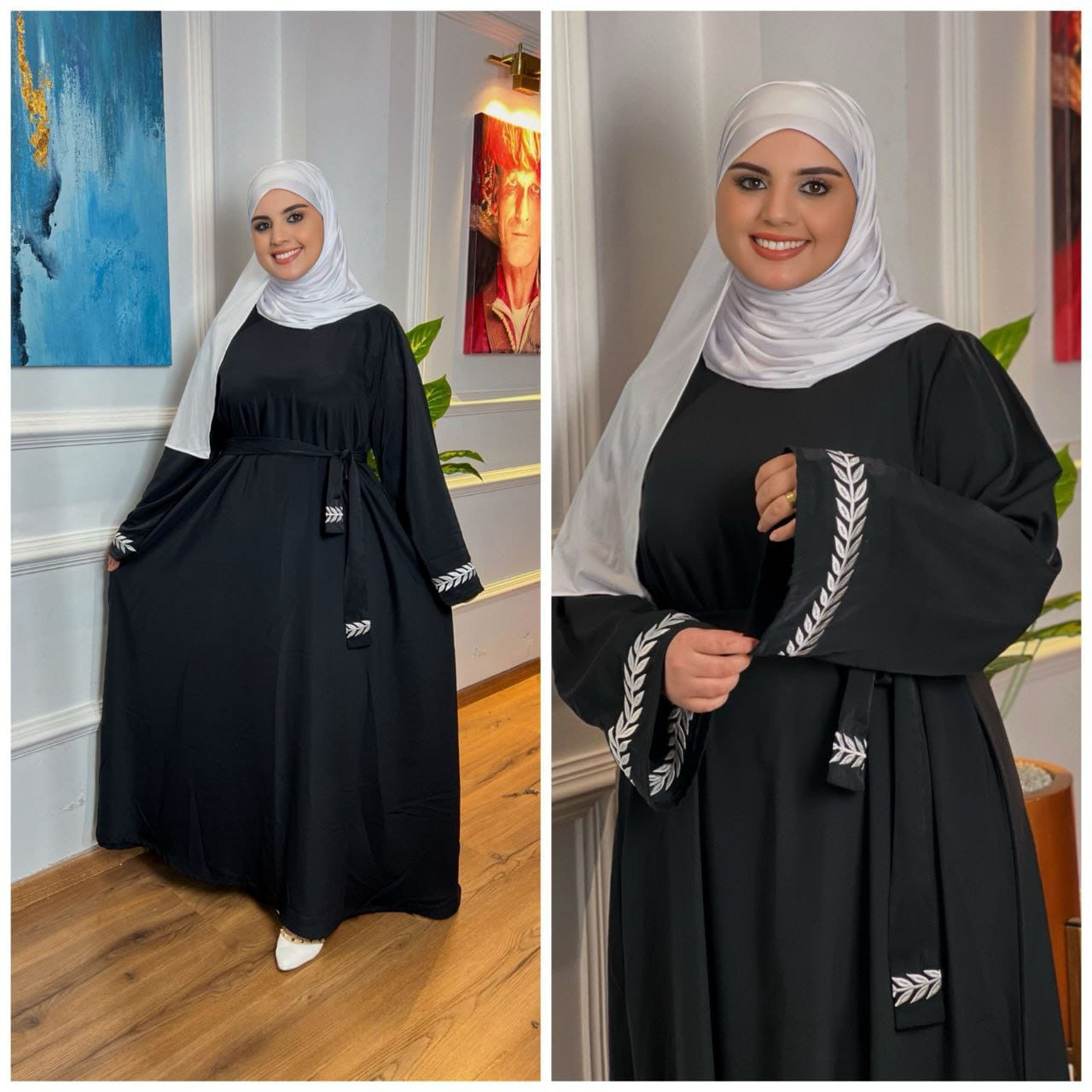 كسوة فاخرة بتطريز سنابل ذهبية وحزام أنيق – أسود وأبيض كلاسيكي