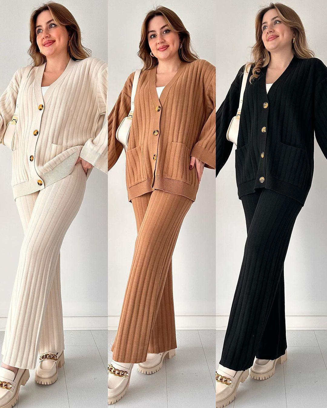 طقم تريكو ريب كارديغان + بنطال واسع – دفء بأناقة لا تُضاهى | 5 ألوان